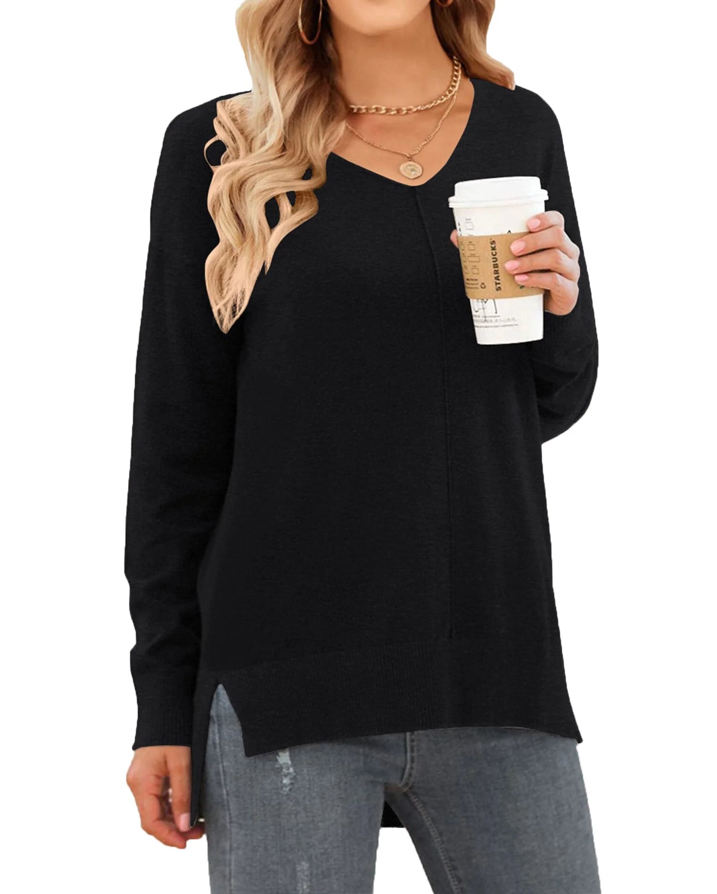 V Neck Sweaters for Women Fall Lightweight Knit Pullover Sweater Side Slits Tops