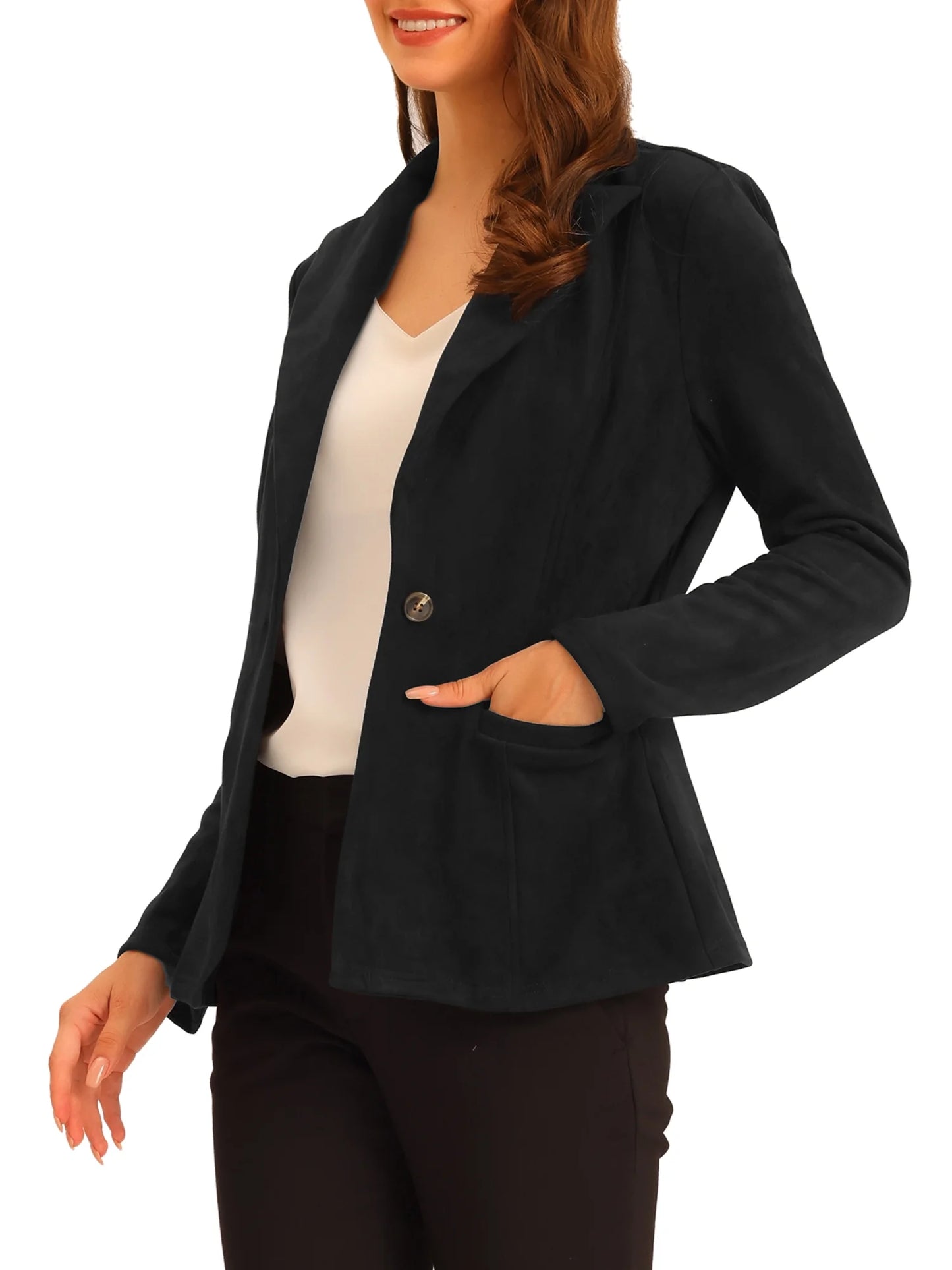 Women'S Faux Suede Blazer Lapel Collar Long Sleeve Wear-To-Work Jacket M Black