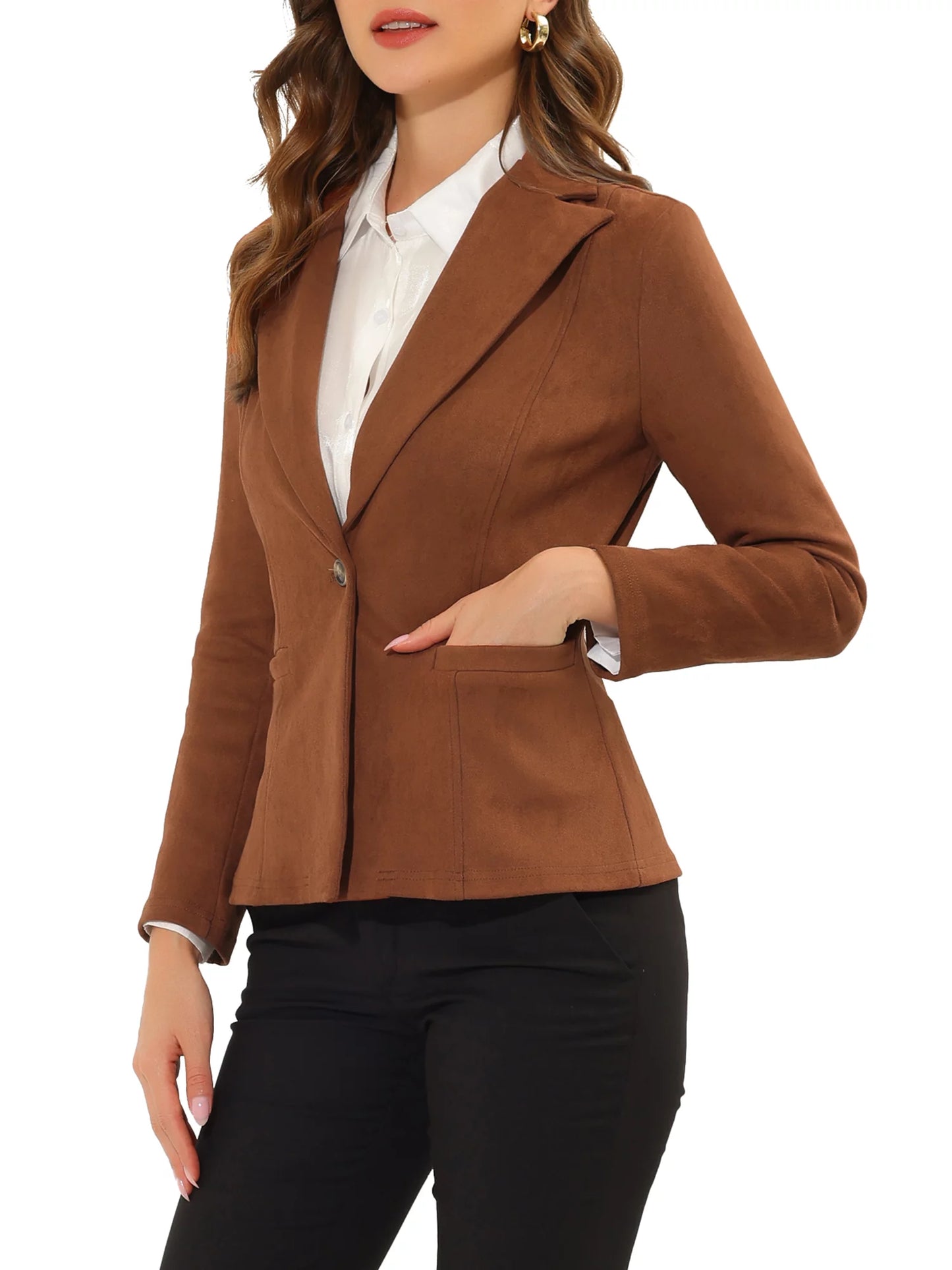 Women'S Faux Suede Blazer Lapel Collar Long Sleeve Wear-To-Work Jacket L Caramel