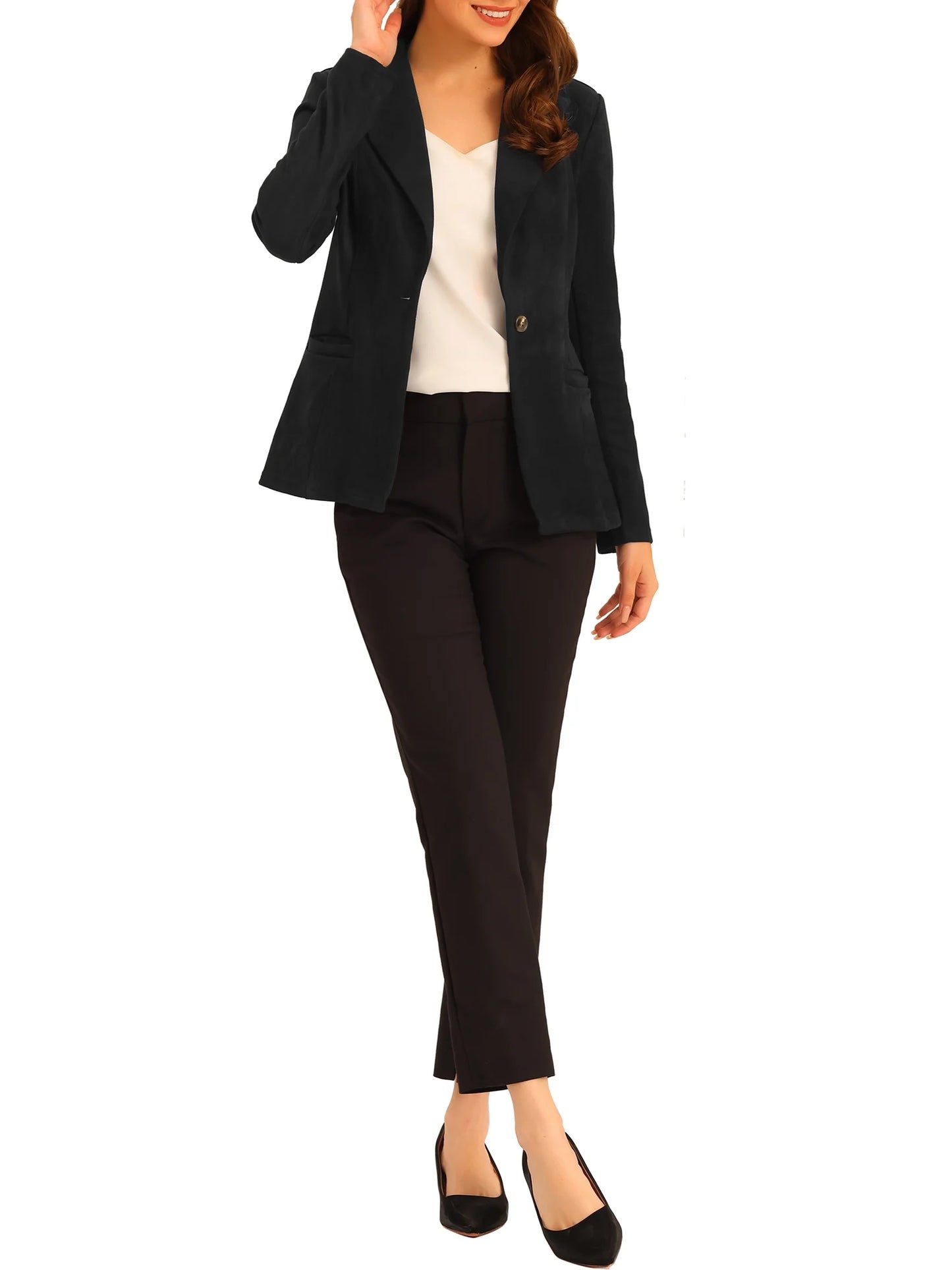 Women'S Faux Suede Blazer Lapel Collar Long Sleeve Wear-To-Work Jacket M Black