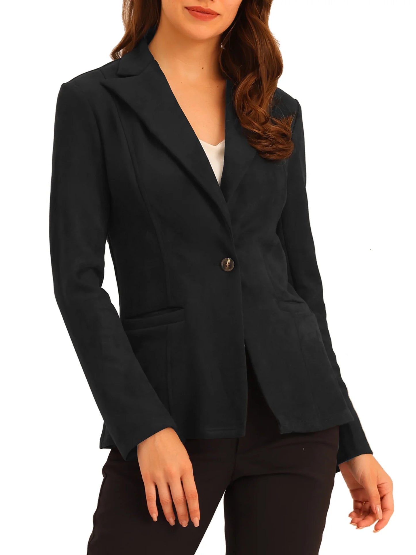 Women'S Faux Suede Blazer Lapel Collar Long Sleeve Wear-To-Work Jacket M Black