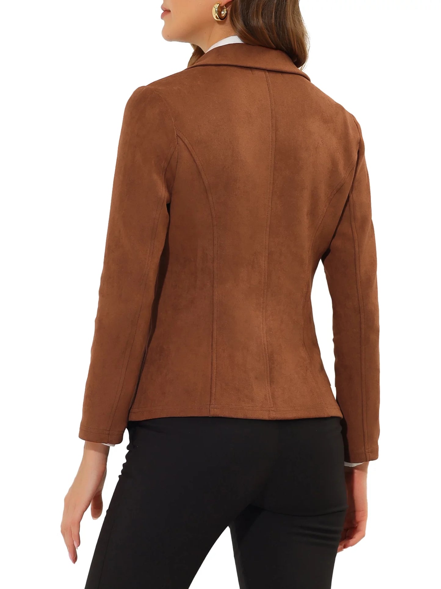 Women'S Faux Suede Blazer Lapel Collar Long Sleeve Wear-To-Work Jacket L Caramel