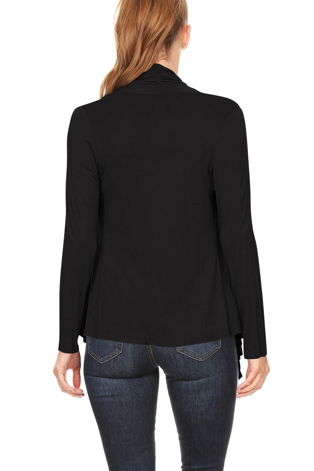 Women'S Long Sleeve Draped Neck Open Front Waist Length Solid Cardigan