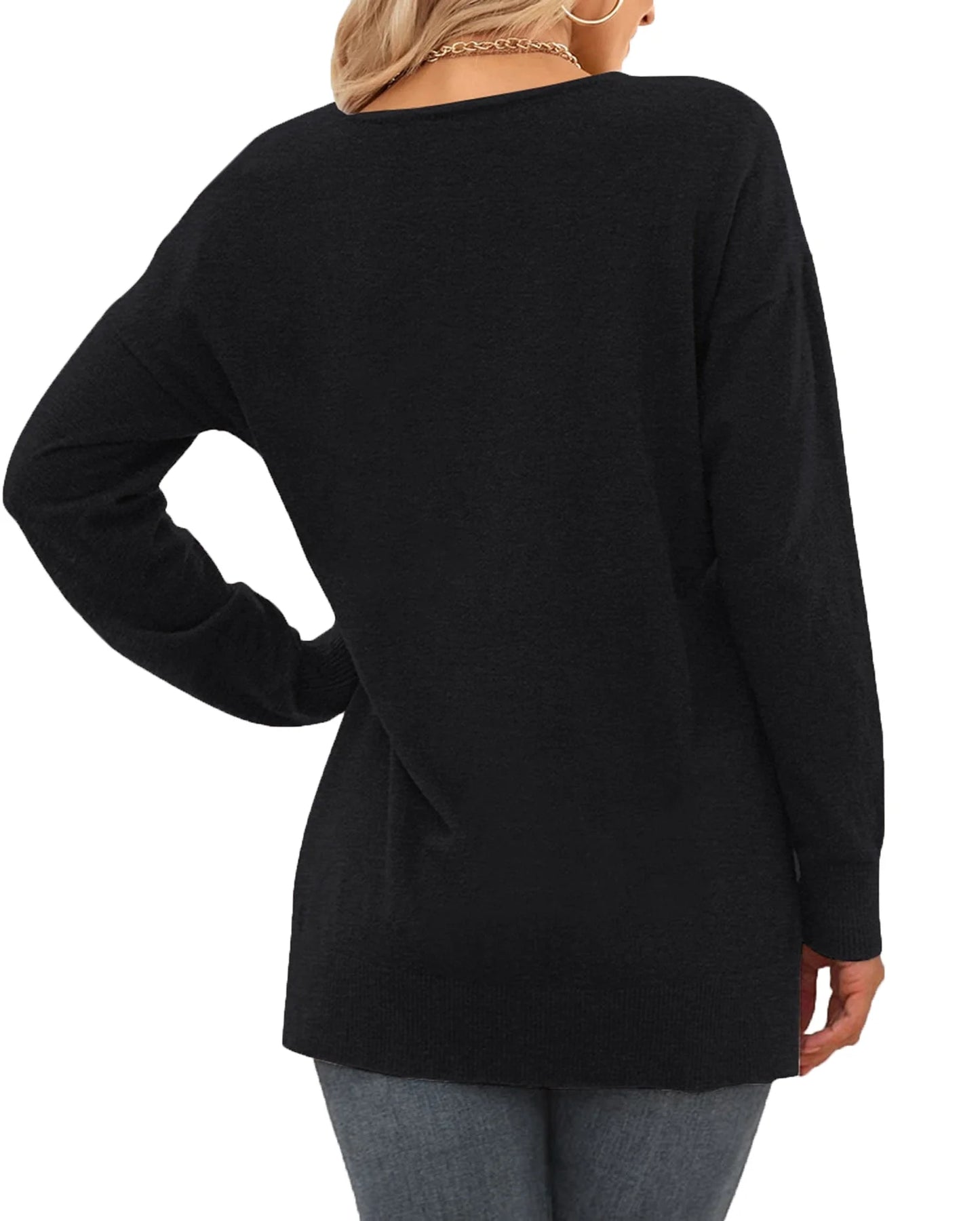 V Neck Sweaters for Women Fall Lightweight Knit Pullover Sweater Side Slits Tops