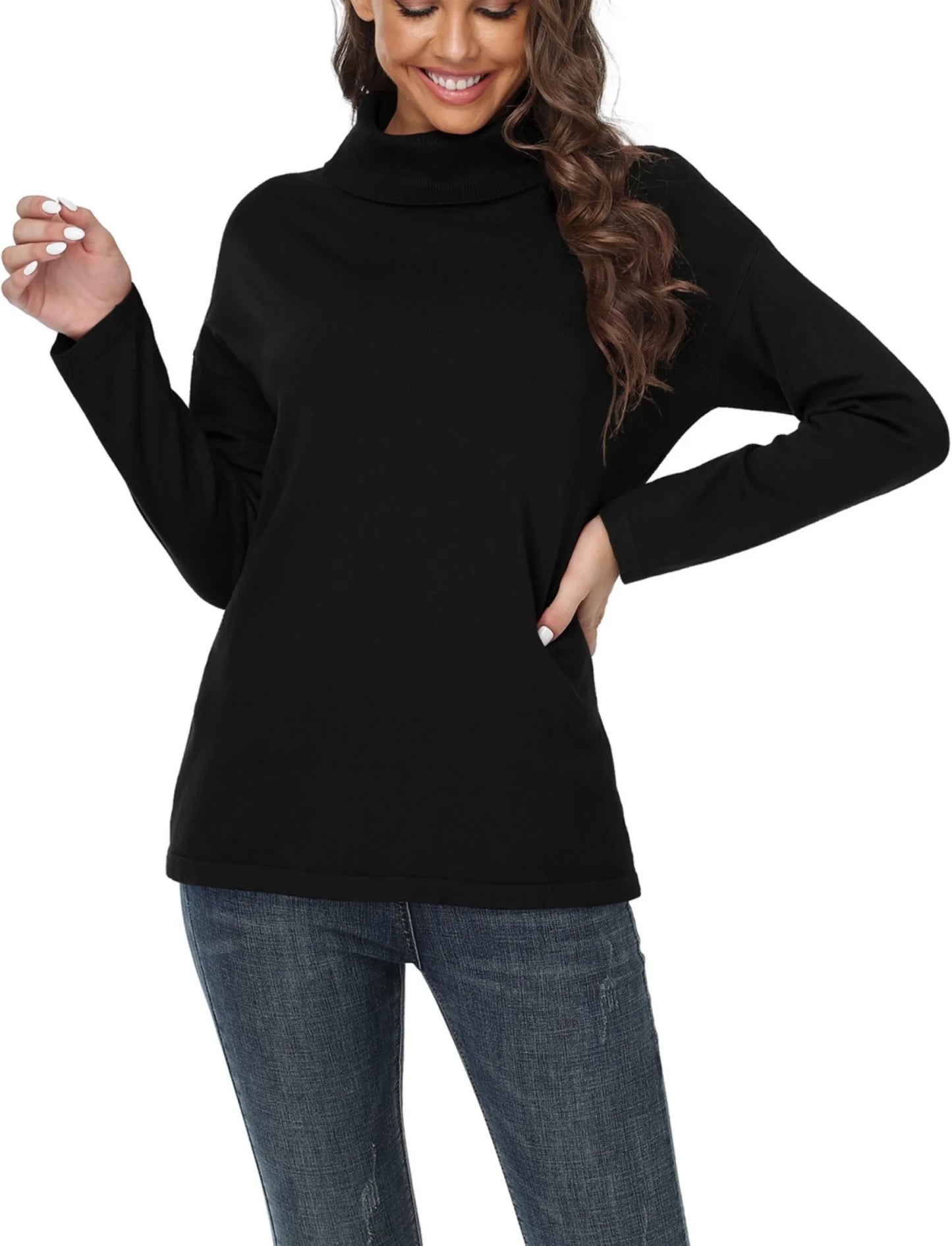 Women'S Turtleneck Sweater Long Sleeve Cozy Warm Casual Lightweight Soft Pullover Jumper Tops,Us Size,Black,M