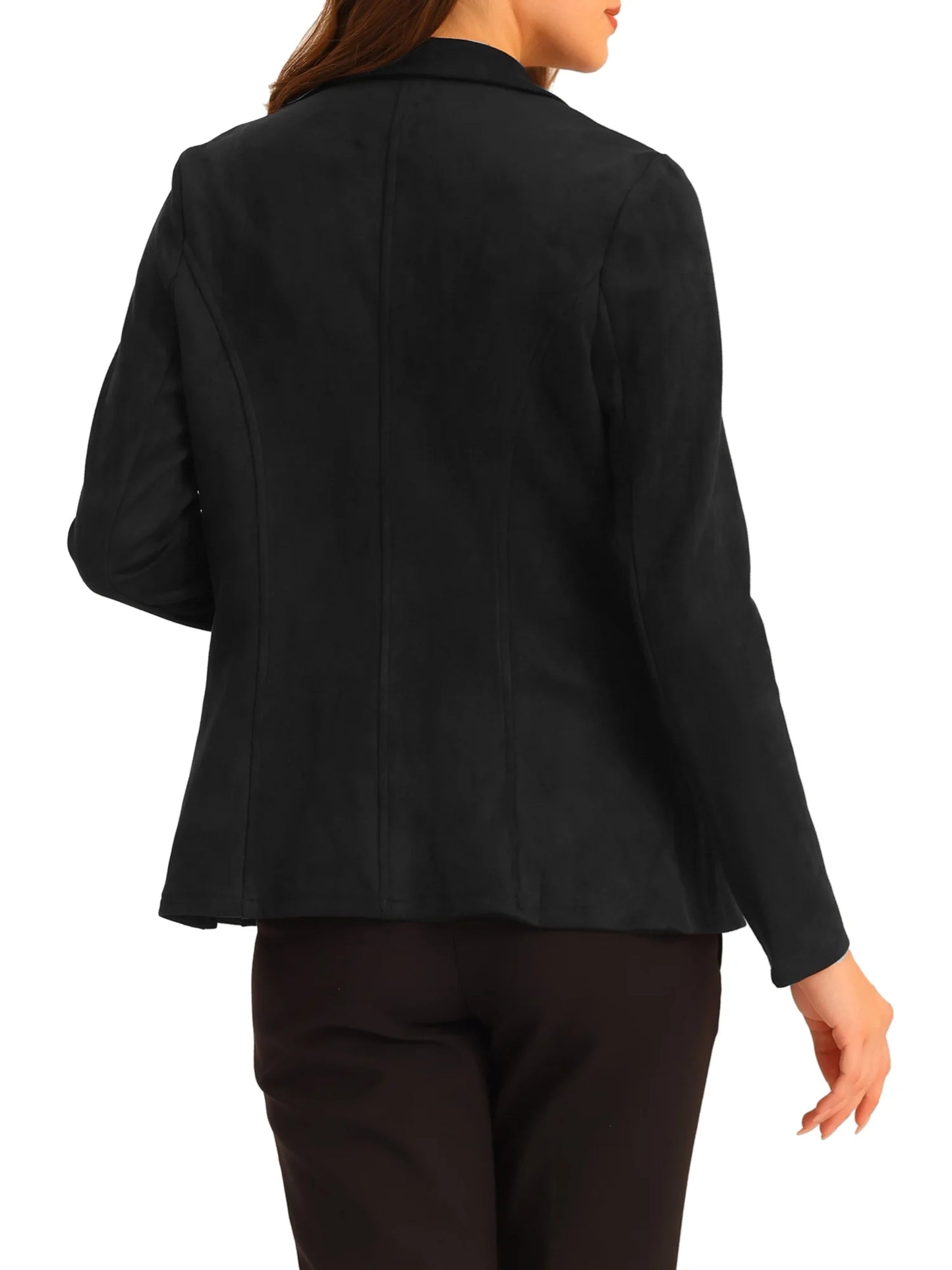 Women'S Faux Suede Blazer Lapel Collar Long Sleeve Wear-To-Work Jacket M Black