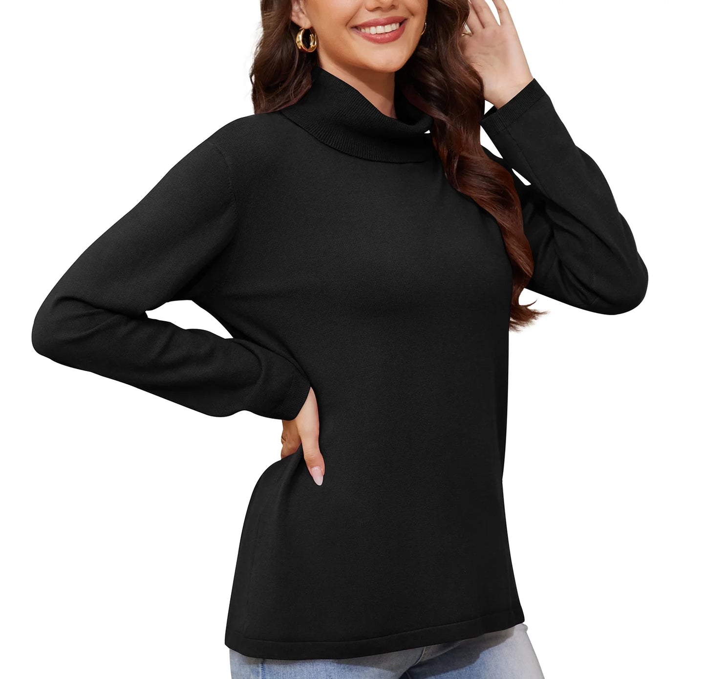 Women'S Turtleneck Sweater Long Sleeve Cozy Warm Casual Lightweight Soft Pullover Jumper Tops,Us Size,Black,M