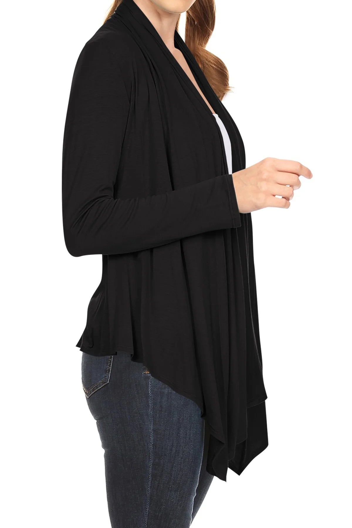 Women'S Long Sleeve Draped Neck Open Front Waist Length Solid Cardigan