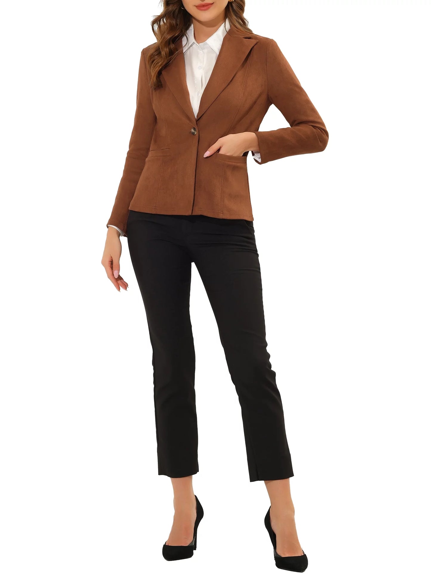 Women'S Faux Suede Blazer Lapel Collar Long Sleeve Wear-To-Work Jacket L Caramel
