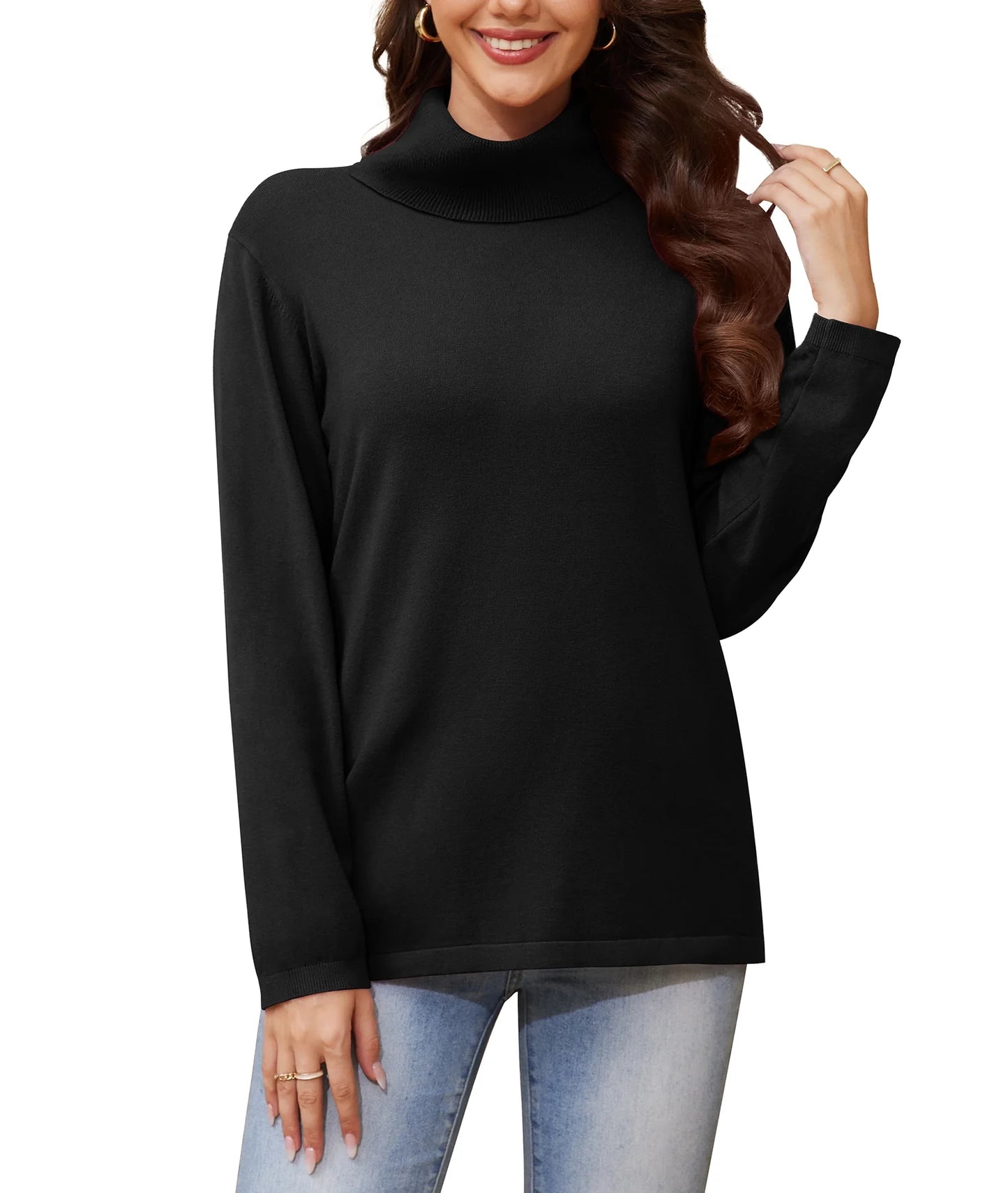 Women'S Turtleneck Sweater Long Sleeve Cozy Warm Casual Lightweight Soft Pullover Jumper Tops,Us Size,Black,M