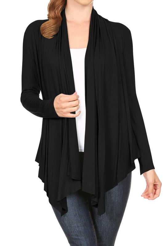 Women'S Long Sleeve Draped Neck Open Front Waist Length Solid Cardigan