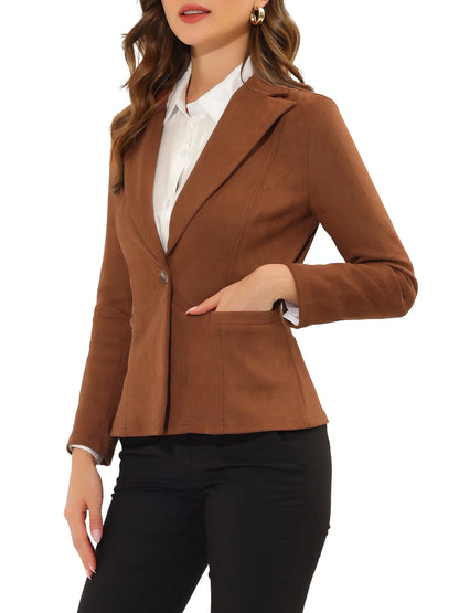 Women'S Faux Suede Blazer Lapel Collar Long Sleeve Wear-To-Work Jacket L Caramel