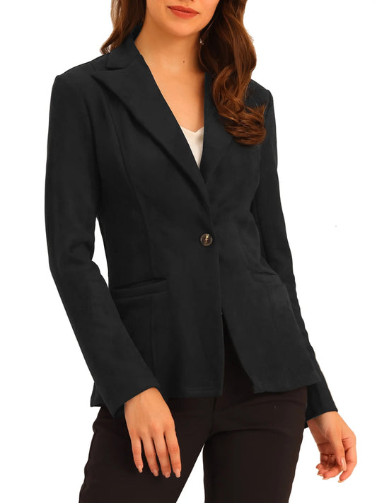 Women'S Faux Suede Blazer Lapel Collar Long Sleeve Wear-To-Work Jacket M Black