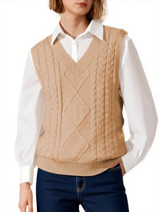 Women'S Khaki Cable Knit Sweater Vest Sleeveless Pullover Top US 12-14(L)
