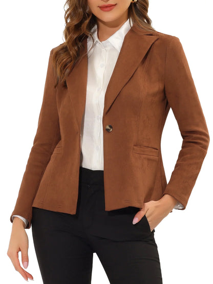 Women'S Faux Suede Blazer Lapel Collar Long Sleeve Wear-To-Work Jacket L Caramel