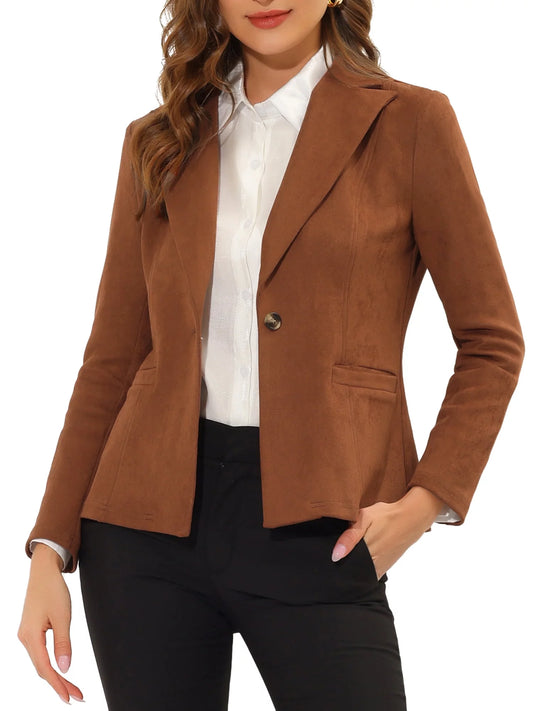 Women'S Faux Suede Blazer Lapel Collar Long Sleeve Wear-To-Work Jacket L Caramel