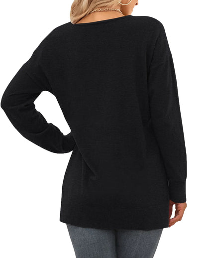 V Neck Sweaters for Women Fall Lightweight Knit Pullover Sweater Side Slits Tops