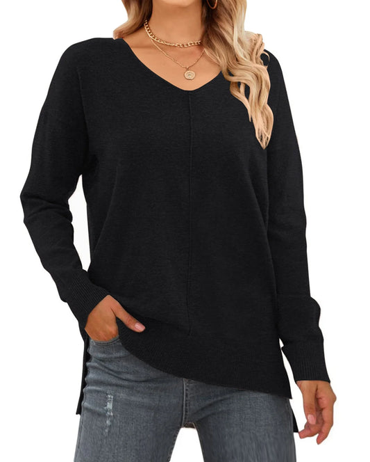 V Neck Sweaters for Women Fall Lightweight Knit Pullover Sweater Side Slits Tops